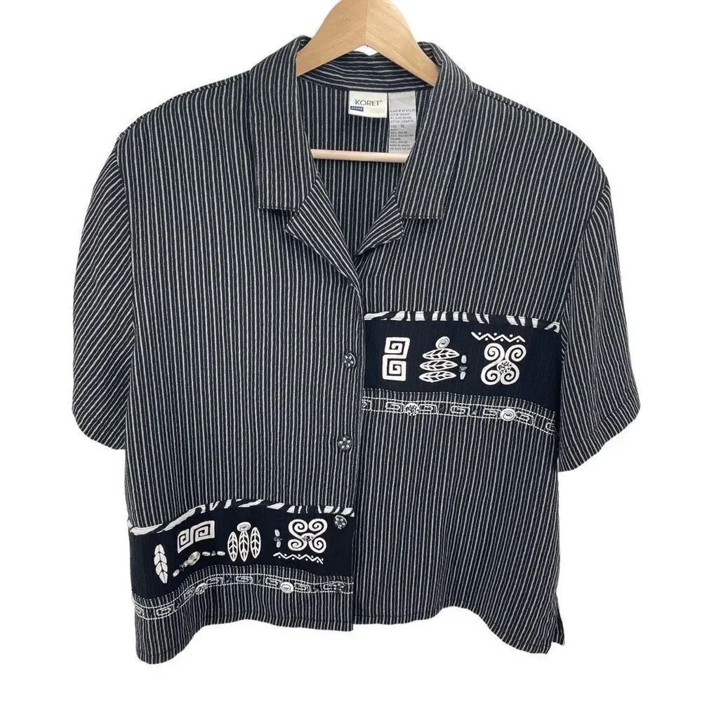 Koret Womens Button Down Shirt Top Short Sleeve Vintage Black White Petite XL